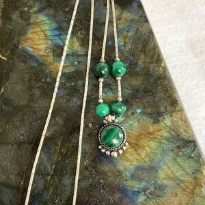 Sterling Silver 925 Q.T. Malachite Beaded Liquid Silver Pendant Necklace 16"